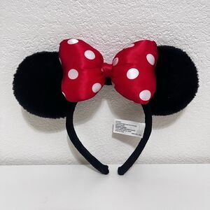 Disney Parks Minnie Mouse Red Satin Polka Dot Bow Black Plush Ears Headband